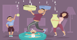 A close-up of a roof pipe leaking water during rain, showing damage to roofing materials.