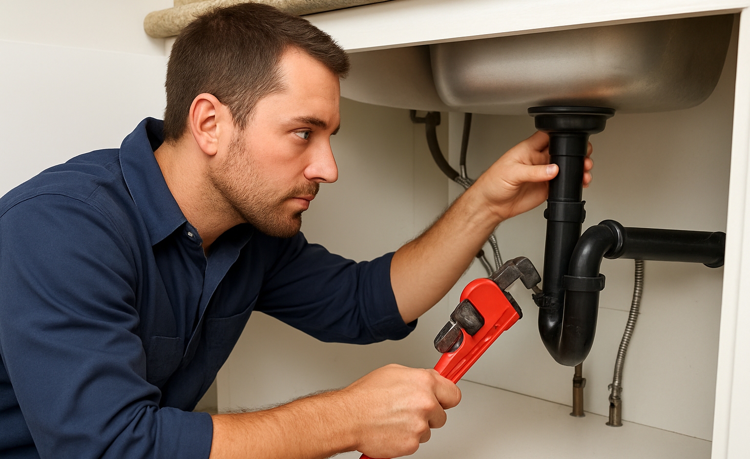 Plumber repairing a leaking sink pipe under the kitchen counter.