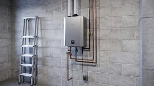 Modern tankless water heater installed on a home wall